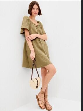 Crinkle Cotton Gauze Flutter-Sleeve Mini Swing Dress